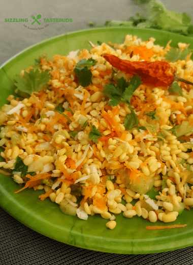 Moong dal Kosambari is a light salad made with split green gram and served as a salad or Prasad during Festivals. Sometimes, grated carrot or minced cucumber is also added to this.