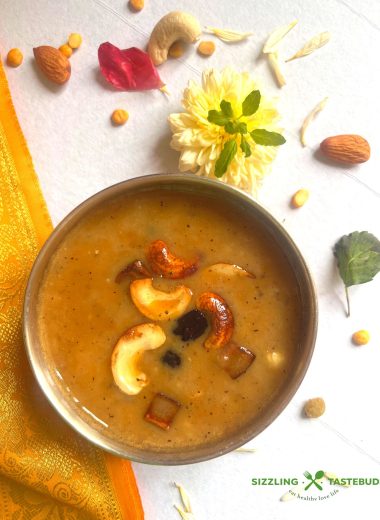 Kadalai paruppu payasam is a traditional South Indian dessert made with chana dal (split chickpeas), jaggery, and coconut milk.