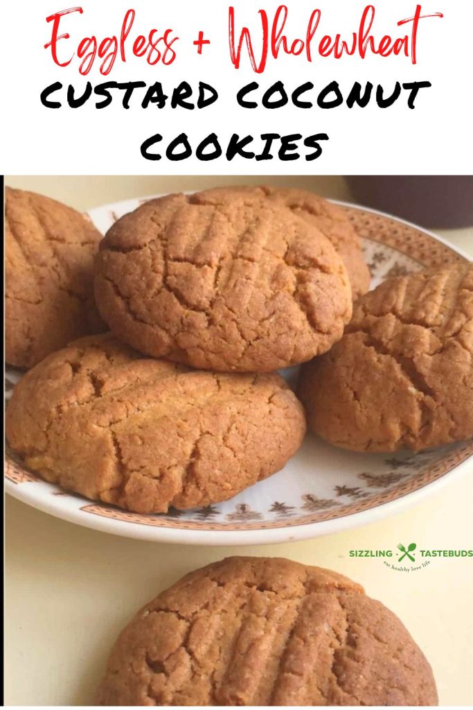 Eggless Custard Coconut Cookies are delicious and quick to make. Made with Wholewheat flour, they are a healthy bake for Xmas or any sweet treat!