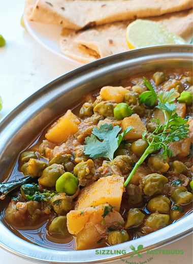 Aloo Choliya or Potatoes with Fresh Garbanzo is a quick and delish Gluten Free and Vegan curry made with the seasonal fresh chickpeas or Choliya. Served with Rice or any flatbread.