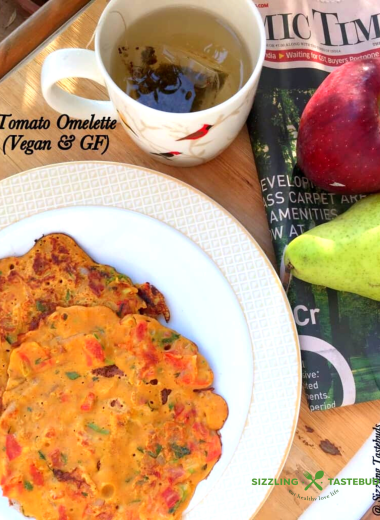 Tomato Omelette is a quick to make Gluten Free, egg free, Vegan Savoury Pancake or Crepe made with Tomato, gramflour and spices.