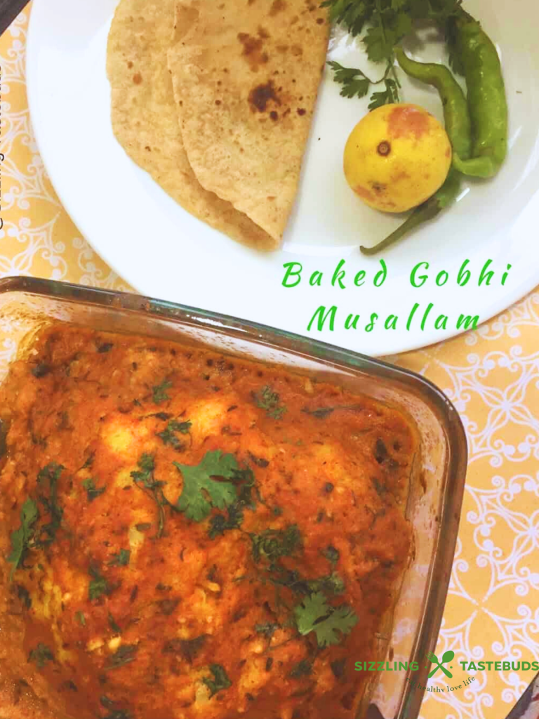 Gobi Musallam is a rich, aromatic Indian dish made with whole cauliflower cooked in a flavorful, spiced gravy, often served as a festive or special-occasion dish.
