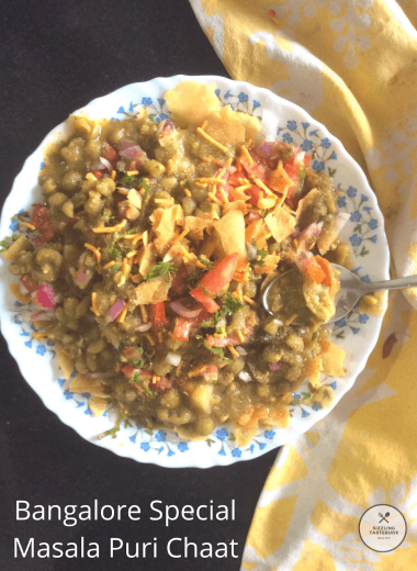 Masala Puri or Masaal Puri is an iconic Street food or Chaat dish made in and around Bangalore. It is a delicious chaat made with soaked and cooked legumes served with a variety of condiments.