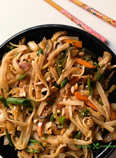 ‘Vegan Pad Thai is a quick to make Asian-style Dinner in under 30 mins. Totally customisable with protein of choice, it is a delicious meal that your family will surely love.