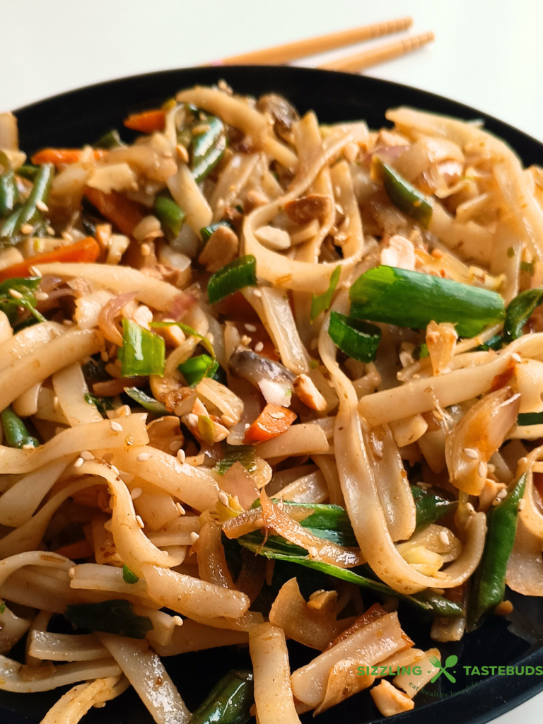 ‘Vegan Pad Thai is a quick to make Asian-style Dinner in under 30 mins. Totally customisable with protein of choice, it is a delicious meal that your family will surely love.