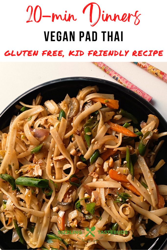 ‘Vegan Pad Thai is a quick to make Asian-style Dinner in under 30 mins. Totally customisable with protein of choice, it is a delicious meal that your family will surely love.