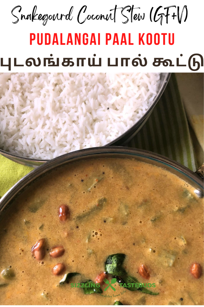 Pudalangai Paal Kootu is a rustic, Gluten Free Vegan + Curry made with snake gourd, Coconut milk and a spice paste. Served with steamed rice or Chapati.